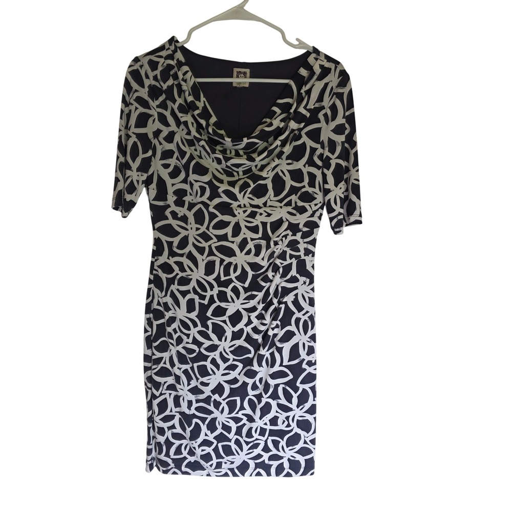Anne Klein Navy White Floral Cowl Neck Ruched Sheath Dress Size 4 Short Sleeve